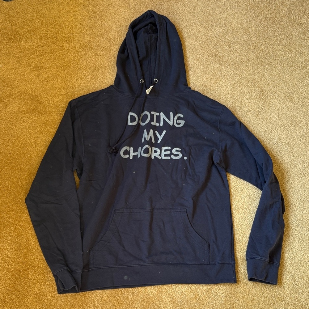 Men's Navy Blue Hoodie with 'Doing My Chores' Slogan